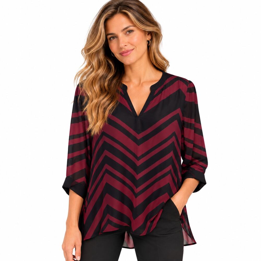 Susan Graver Lightweight Tunic Blouse Women's Size 6 Burgundy Black Chevron